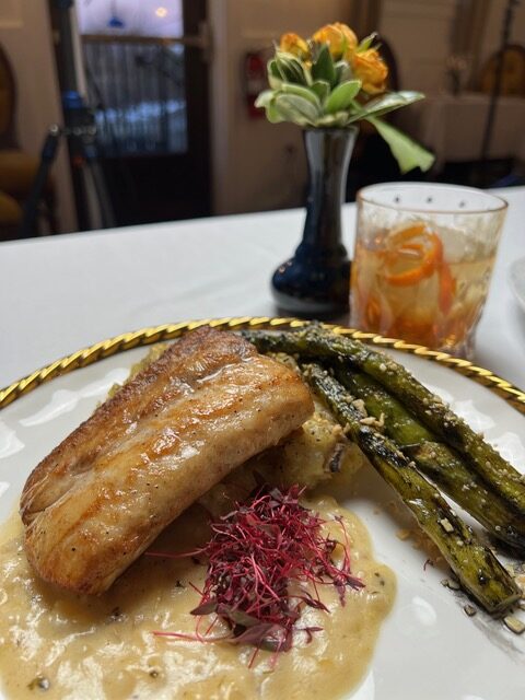 Manna - mahi fil served with torched mashed potatoes and almond dusted asparagus